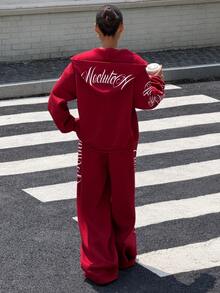 Muchica 紅色女款 Y2K 風格運動套裝，圖案字母印花拉鍊連帽外套與寬腿運動長褲，休閒運動秋季女裝套裝 - 酒紅色 - 查看 2