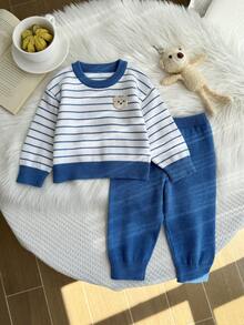 SHEIN Classic Striped Cartoon Bear Knit Sweater Set For Baby Boys Autumn Fall - Grey - View 2