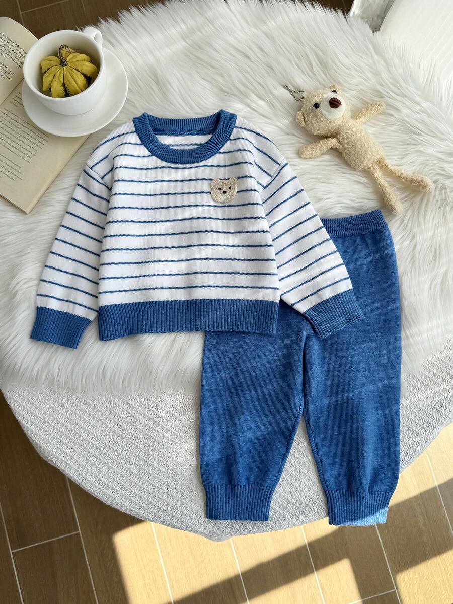 SHEIN Classic Striped Cartoon Bear Knit Sweater Set For Baby Boys Autumn Fall