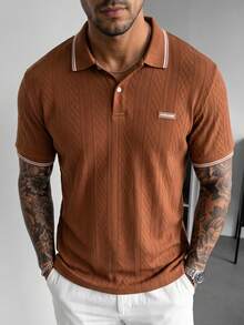 Manfinity Homme 休閒男士字母印花條紋短袖 Polo 衫 - 棕色 - 查看 3