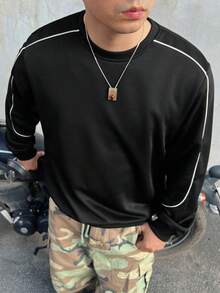 DAZY Spring/Autumn Black Crew Neck Pullover Sweatshirt With Cuffed Hem And Cuffs, Contrast Drawstring Detail For Men - Black - View 1