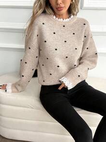 SHEIN LUNE Sweater Lengan Panjang Wanita Motif Polkadot Kasual Serbaguna untuk Pemakaian Sehari-hari - MultiWarna - View 1