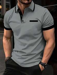 Manfinity Homme 男士休閒條紋半開襟鈕扣短袖 Polo 衫 - 灰色 - 查看 1