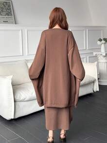 Feyla New Slouchy Long Cardigan Sweater & Floral Tank Top 2 Pieces Set, Autumn/Winter - Brown - View 7