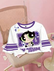 THE POWERPUFF GIRLS X SHEIN 女款字母與卡通印花休閒日常穿搭T恤 - 白色 - 查看 1