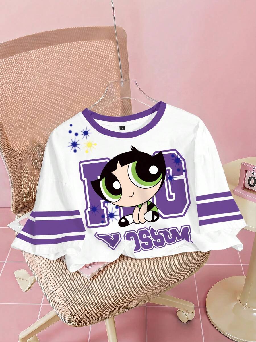 THE POWERPUFF GIRLS X SHEIN 女款字母與卡通印花休閒日常穿搭T恤 - 白色 - 查看 1