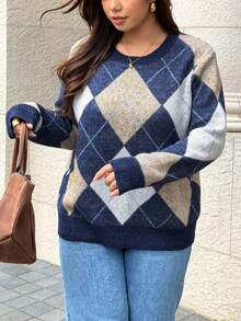 Easura Sweater Lengan Panjang Kerah Bulat Motif Argyle Vintage Ukuran Besar, Gaya Preppy - MultiWarna - View 4