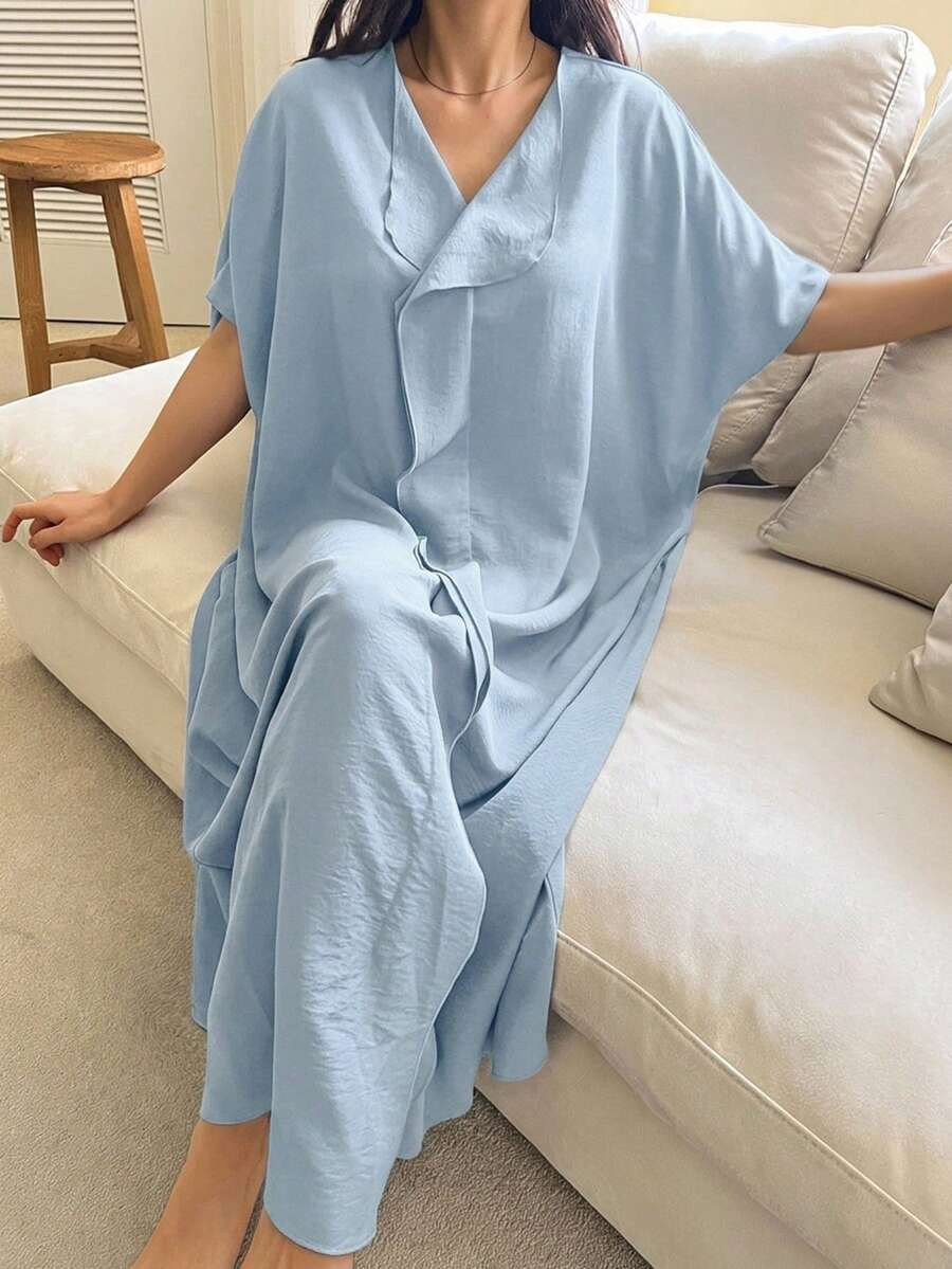 DAZY Solid Color Loose V-Neck Long Nightgown Women's Loungewear Dress Fall - Blue - View 1