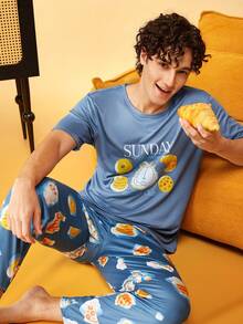 Notgurli GARFIELD | SHEIN Men's Cartoon Print Crew Neck Short Sleeve Top And Long Pants Loungewear Set - Blue - View 1