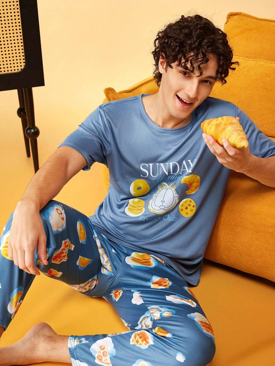 Notgurli GARFIELD | SHEIN Men's Cartoon Print Crew Neck Short Sleeve Top And Long Pants Loungewear Set - Blue - View 1