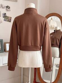 Lalippa Women's Half-Zip Casual Versatile Daily Long Sleeve Sweatshirt - Brown - View 2