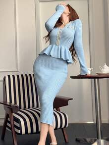 Feyla Women's Ruffle Knit Sweater & Skirt 2 Pieces Set - Blue - View 4