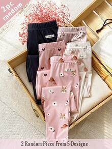 Souflis Souflis 2 piezas de leggings de punto acanalado suaves y cómodos para niña, con diseño de corazón y flor, estilo dulce y lindo, versátiles para primavera, verano y todas las estaciones, envío aleatorio - Multicolor - Ver 4