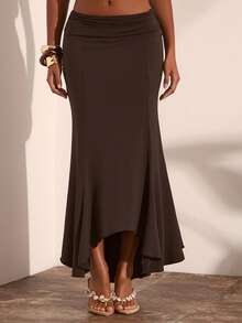 Opulessa Rok Wanita Polos Kasual Elegan Serbaguna untuk Sehari-hari, Cocok untuk Kencan, Makan Malam, Cokelat Tua, Musim Gugur - Coklat - View 1