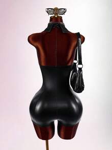 Amplova Women's Solid Color PU Leather Casual Daily Wear Romper - Black - View 2