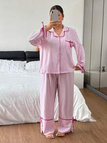 Napfluff CURVE Napfluff CURVE Sweet Fresh Pink & White Striped Colorblock Bow Plus Size 2 Pieces Pajama Set - Pink - View 6