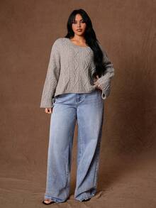 Rustia Sweater Pullover Leher Bulat Rajut Kabel Model Tali Kepang Ukuran Besar untuk Wanita, Cocok untuk Pemakaian Sehari-hari, Bepergian, dan Pakaian Rumah di Musim Dingin - Unta - View 6