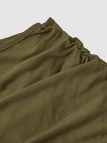 SHEIN MOD Women's Solid Color Asymmetric Collar Flared Sleeve Fashion Mesh Mini Dress - Army Green - View 6