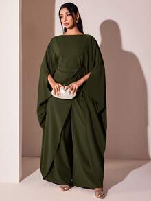 Veilorie Women's Drawstring Tie Long Robe And Loose Pants Arabic Costume Set - Army Green - View 3