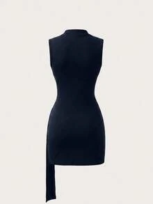 SHEIN 時尚新款春夏性感優雅修身顯瘦半高領裝飾金屬扣百褶無袖女款洋裝 - 寶藍色 - 查看 2