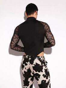 DSELFIQUE Men's Lace Patchwork Stand Collar Sexy Versatile Jumpsuit - Black - View 4