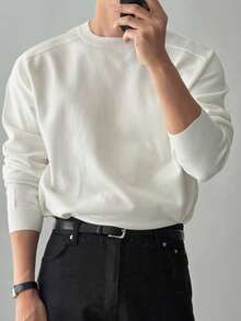 DAZY Spring/Autumn White Long Sleeve Ribbed Hem And Cuffs Solid Color Commuter Men's Sweater - White - View 6