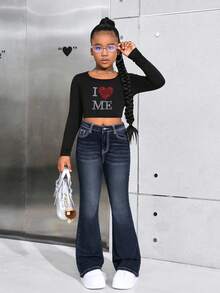 SHEIN Quần jeans ống loe phong cách Y2K cho bé gái tuổi teen, họa tiết ngôi sao đính đá, thích hợp cho mùa thu tựu trường. - Rửa tối - Xem 3