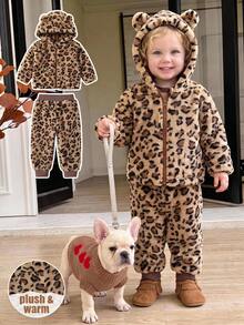 SHEIN Baby Girl Leopard Print Warm Hooded Autumn Jacket & Pants Winter Set - Brown - View 2