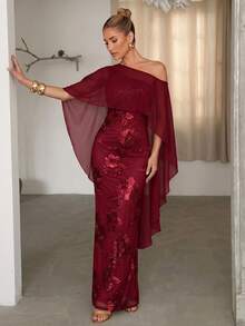 Lumalex Gaun Jala Cokelat Tanpa Lengan dengan Bahu Asimetris dan Aplikasi Bunga 3D - Burgundy - View 5