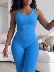 SHEIN Core Rhythm Women's Solid Color Casual Low Waist Athletic Versatile Daily Travel Sports Long Pants Gym Pilates Blue Summer - Blue - View 3