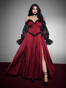 Whyspr Plus-Size Women's Lace Net Deep V-Neck Halloween Goth Dress Fall - Burgundy - View 1