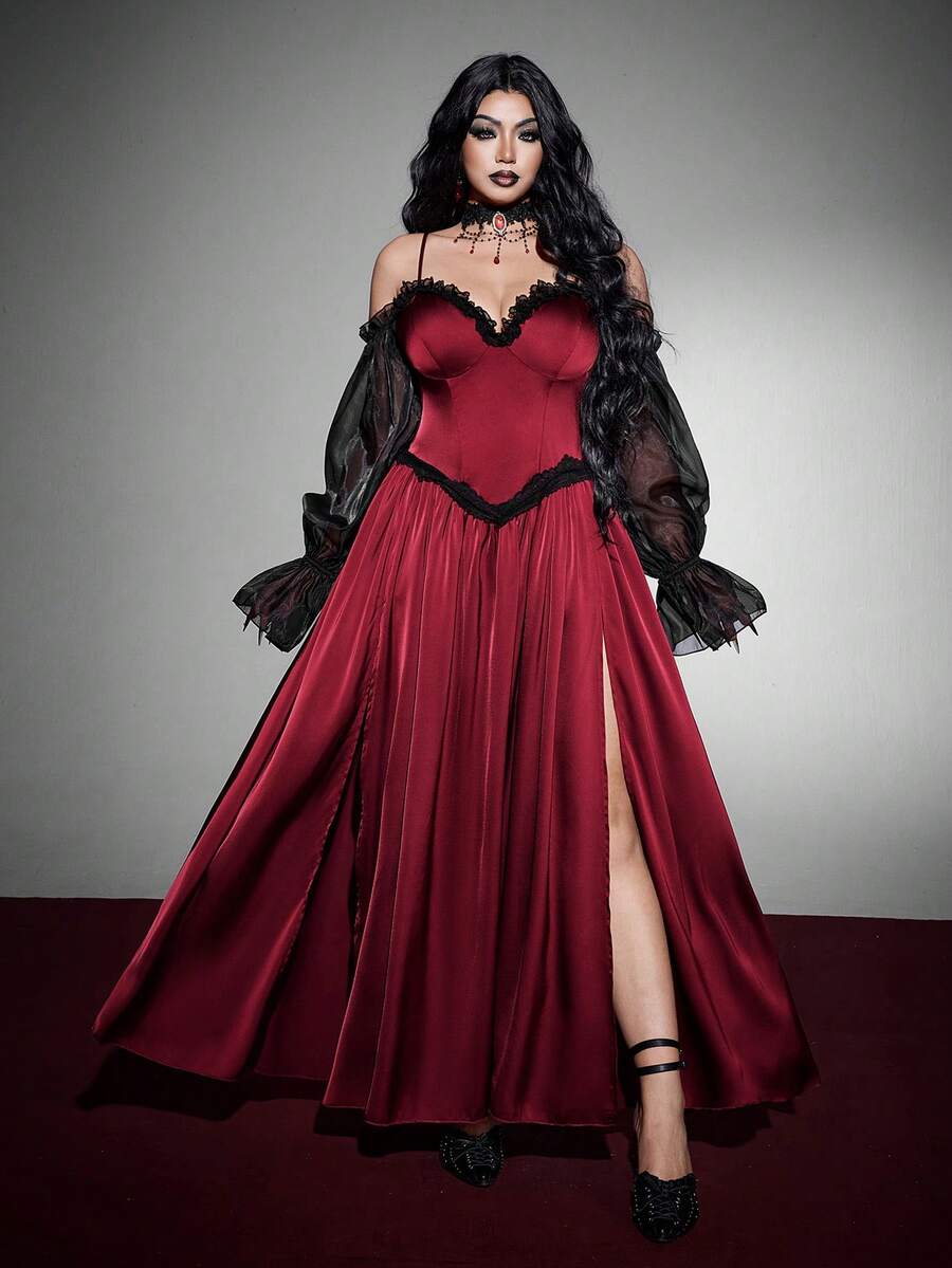 Whyspr Plus-Size Women's Lace Net Deep V-Neck Halloween Goth Dress Fall - Burgundy - View 1