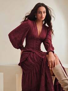 Anewsta V-Neck Puff Sleeve Cinched Waist Elegant Dress Maxi Women Outfit - Burgundy - View 2