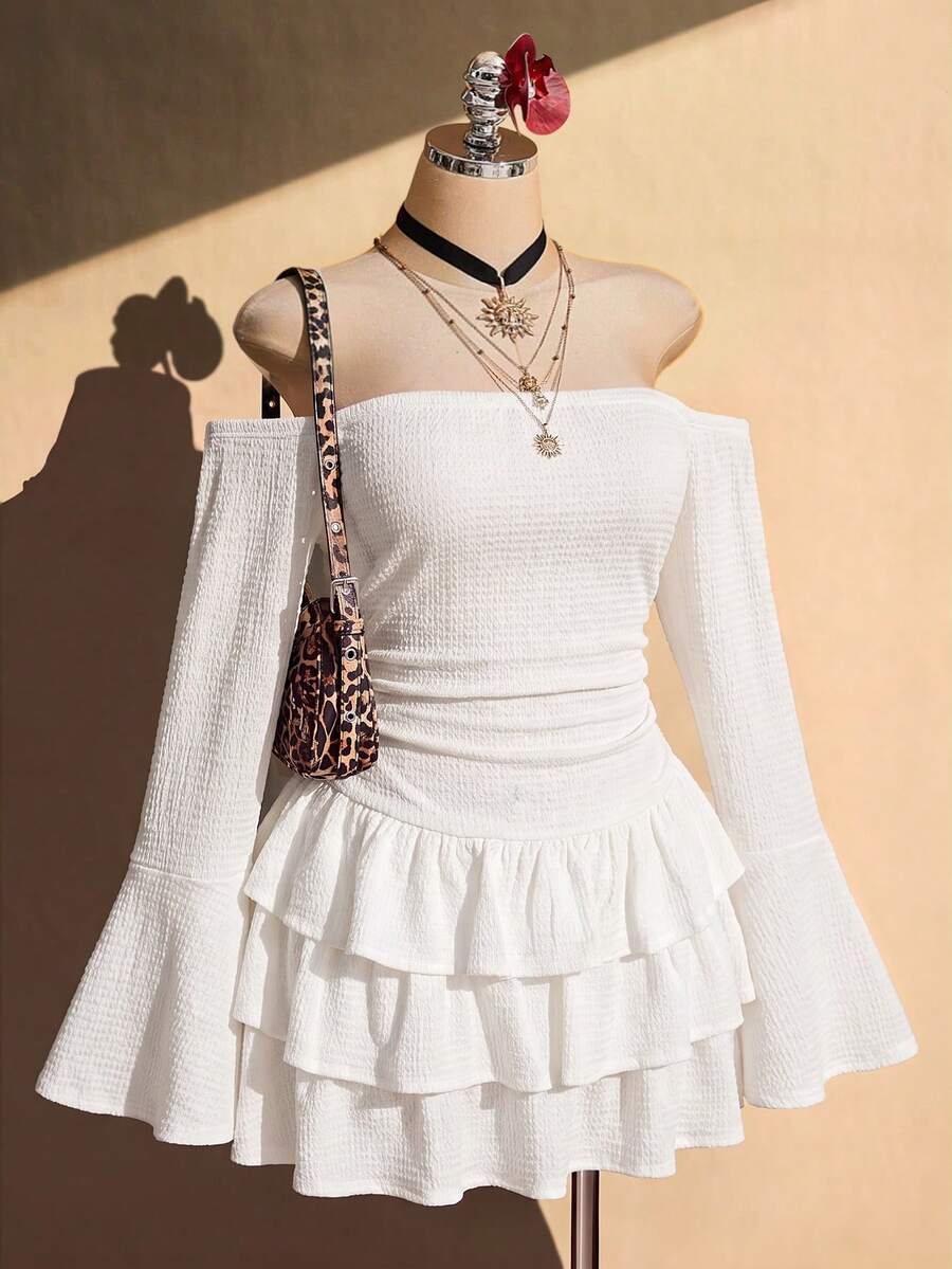 SHEIN ICON 女款大尺碼白色紋理露肩洋裝,適合婚禮賓客、度假、秋季休閒穿著 - 白色 - 查看 1