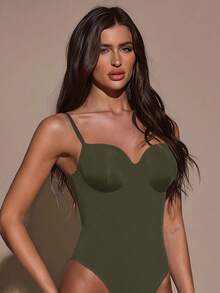 SHEIN BAE 女款純色極簡性感街頭風細肩帶連身衣 - 軍綠色 - 查看 4