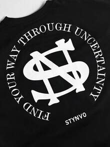 STYNVO 男士字母印花落肩袖T恤與短褲休閒套裝 - 黑色 - 查看 4