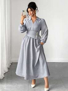 Elenzga Plus Size Early Autumn/Winter Light Gray Faux Linen Design Pearl Button A-Line Long Sleeve Puff Sleeve Elegant Commute Slimming Date Dress For Women - Grey - View 5