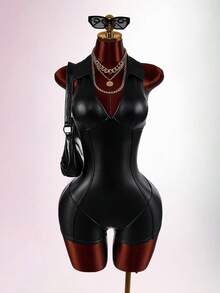 Amplova Women's Solid Color PU Leather Casual Daily Wear Romper - Black - View 1