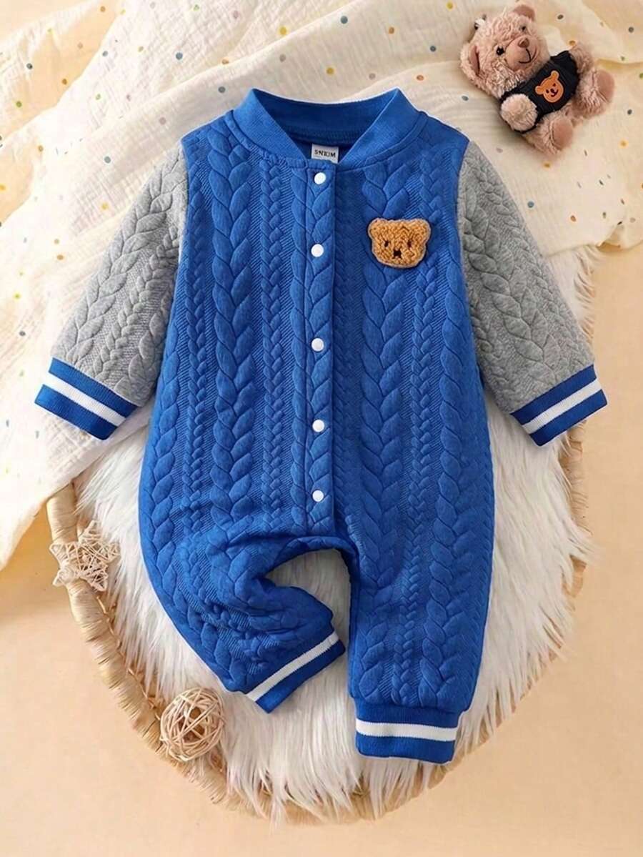 Souflis Souflis 新生兒中性嬰兒 0-3歲 淺藍色前扣長袖連身衣 可愛藍白條紋 - 藍色 - 查看 1