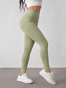 SHEIN PETITE Women's Solid Color High Waist Casual Versatile Leggings - Olive Green - View 4