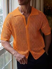 RivetRise Men's Solid Color Short Sleeve Hollow Knit Top - Coral Orange - View 4
