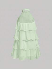 Skyraze Vestido mini blanco con cuello halter, cuello alto y volantes multicapa - Verde - Ver 5