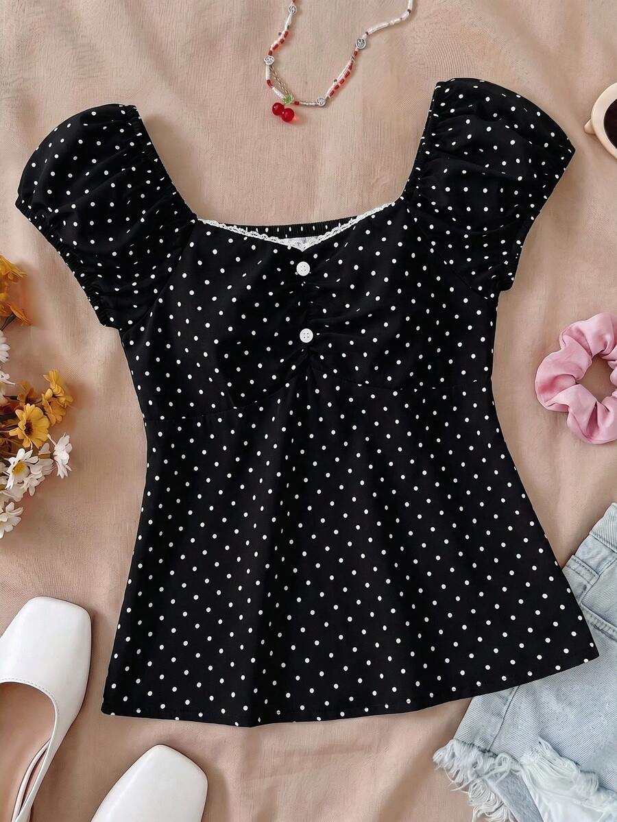 SHEIN 青少年女孩上衣 黑白修身休閒日常度假簡約舒適款,波點後背抓褶上衣,優雅純色蕾絲飾邊上衣,適合夏季、度假、休閒、居家 - 黑色 - 查看 1