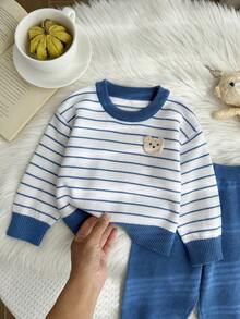 SHEIN Classic Striped Cartoon Bear Knit Sweater Set For Baby Boys Autumn Fall - Grey - View 9