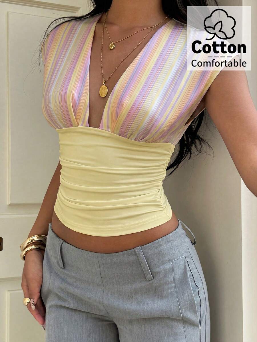 Aloruh Women's Striped Colorblock Deep V-Neck Pleated Casual Daily T-Shirt - Pale Yellow - View 1