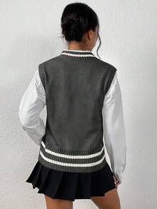 SHEIN PariChic 女款編織拼色背心外套，學院風 - 深灰色 - 查看 2