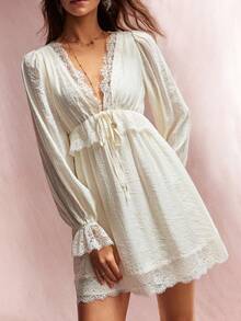 Willow Rêve Women's Cream White Embroidered Trim Deep V-Neck Drawstring Waist Puff Long Sleeve Chiffon Mini Dress Vacation Autumn Cottagecore Romantic - Cream - View 6