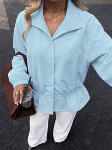 Struktiv Jaket Kasual Wanita Musim Gugur Warna Biru Muda Lembut dengan Kerah Tegak, Pinggang Berkerut, Lengan Raglan, Mantel Pendek Serbaguna untuk Beraktivitas di Luar Rumah atau Makan Siang. - Baby Blue - View 1