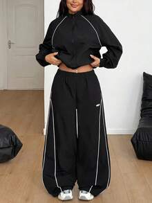 SHEIN PETITE CURVE Plus Size Women's Contrast Color Zipper Long Sleeve Top And Pants Casual Everyday 2 Pieces Set - Black - View 2