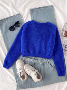 SHEIN Girls' Short V-Neck Cardigan Jacket, Autumn/Winter - Royal Blue - View 2